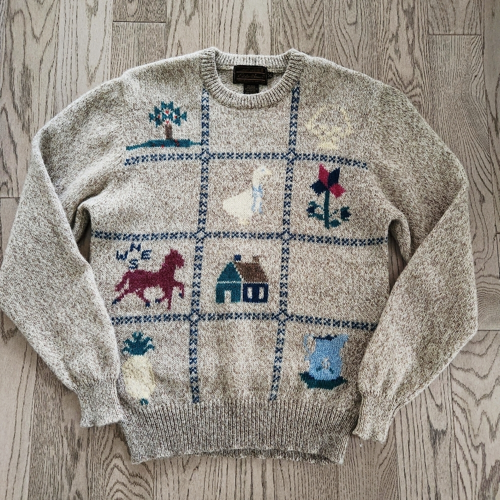 Eddie Bauer Beige Wool Blend Crewneck Sweater with Multicolor Motif